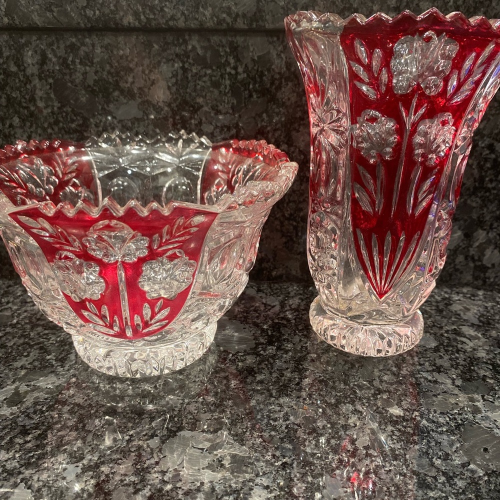 Vintage Fifth Avenue Crystal Bowl and Vase set Rosaline Ruby Red
